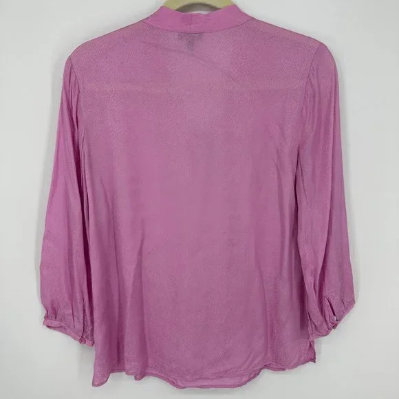 3/$25 Talbots Satin Snake Skin Embossed Top 2 Tie Neck Blouse 3/4 Sleeves Pink - Picture 2 of 7